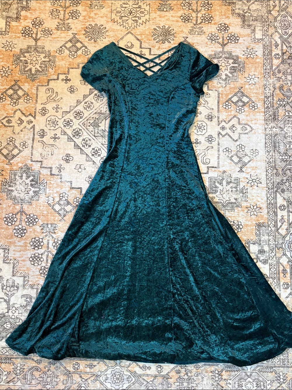 STYLEWORKS S vintage 90s Crushed Velvet Teal Maxi Dress with Lattice back